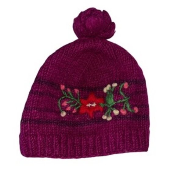 turtle fur fuschia embroidered Alpine Widflowers fleece lined knit ski s… - Picture 1 of 5